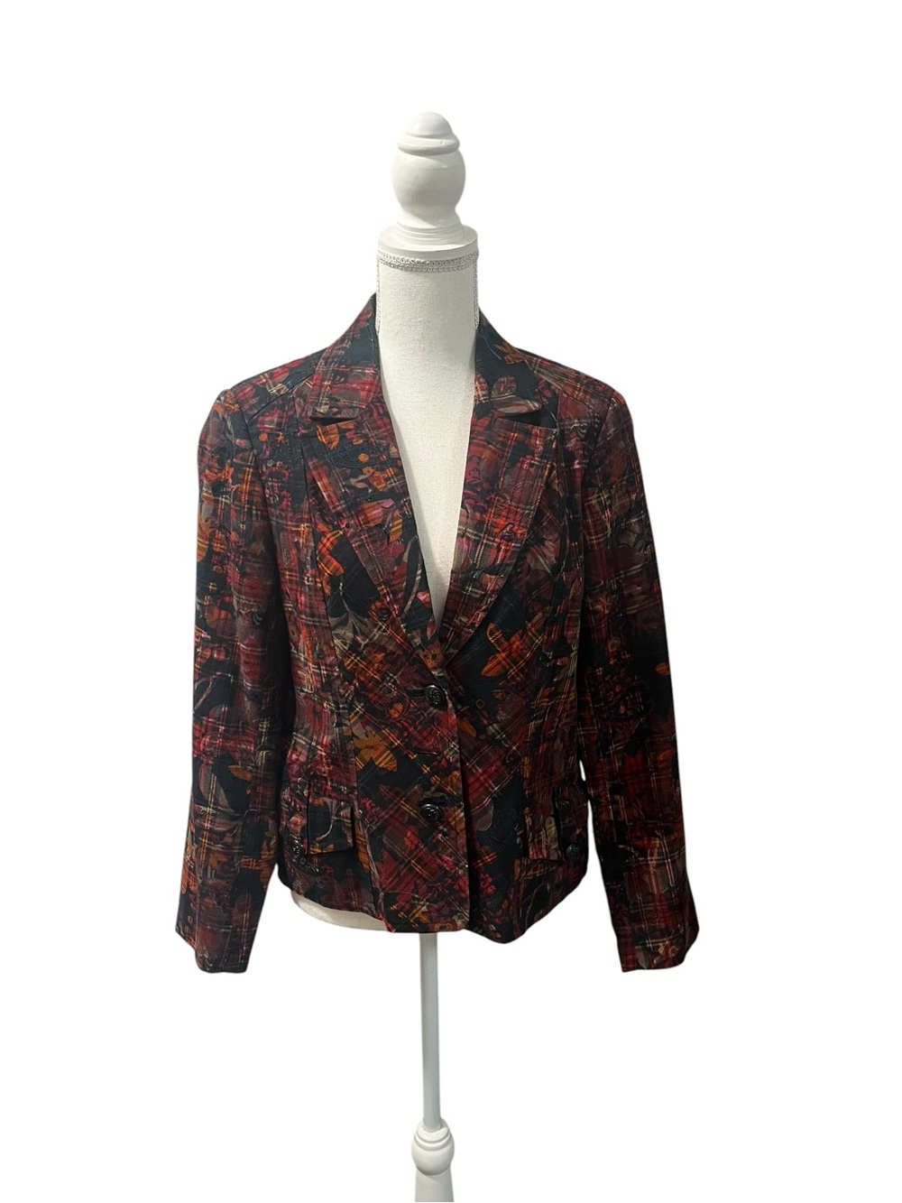 Coldwater Creek Black Multicolor Floral Plaid Blazer Jacket Petite 8 Pockets
